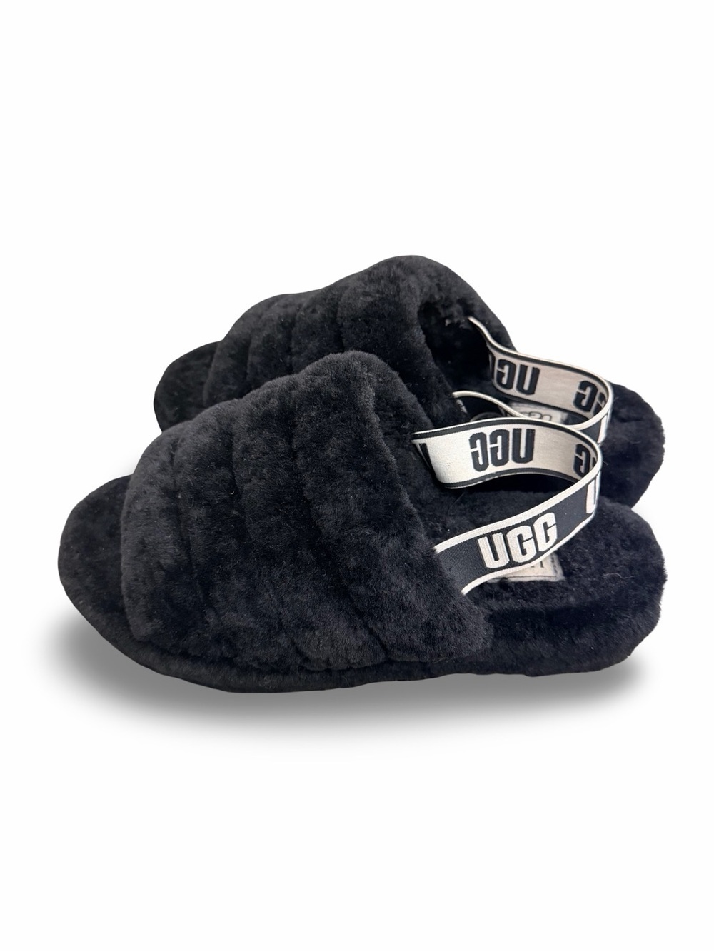 UGG Fluff Yeah Black Furry Slingback Sandals Size 11
